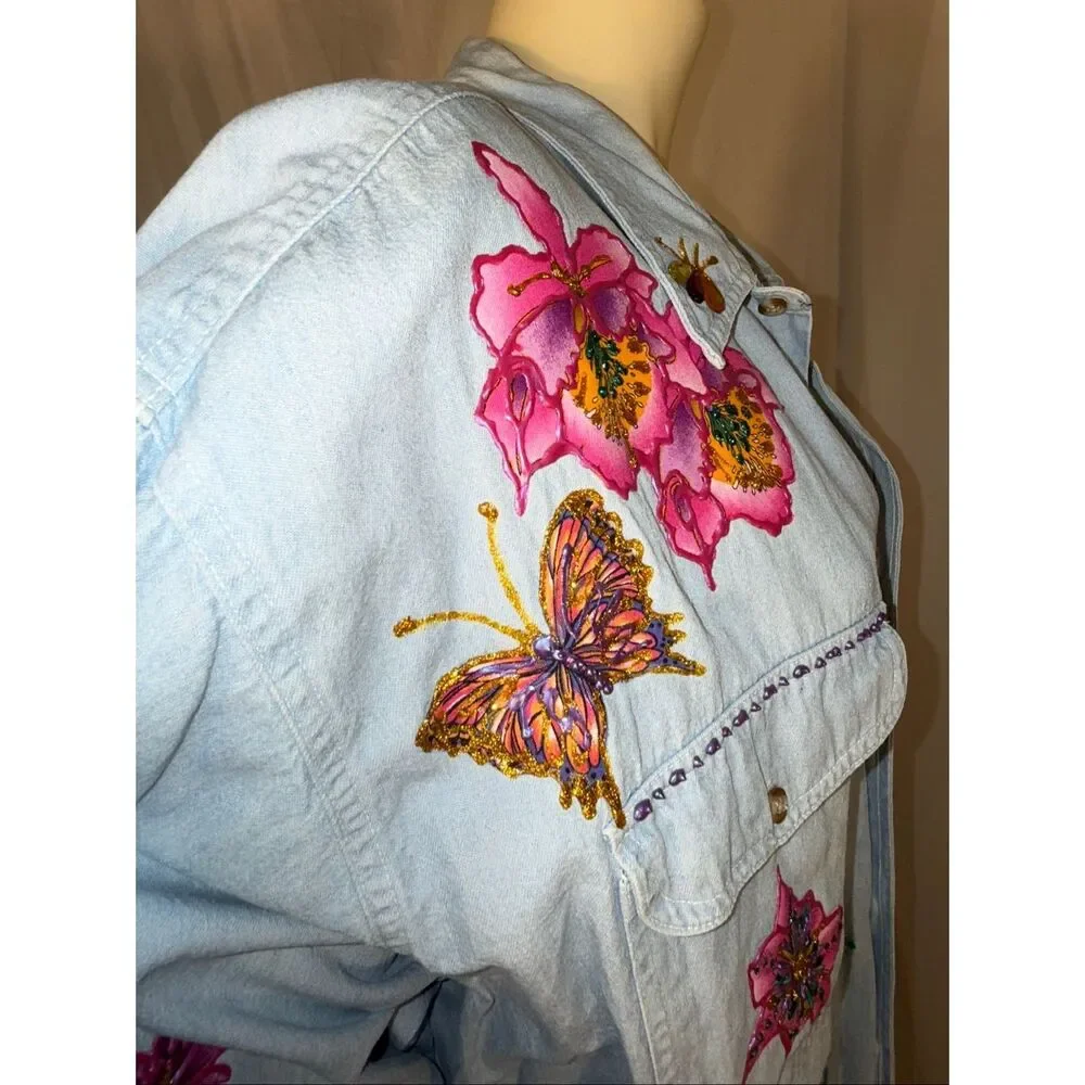 Basic Editions Oversized Denim Shirt 3X – Hand Embellished Floral & Butterfly We